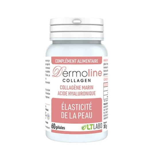 Dermoline Collagen complément alimentaire LT Labo à base de collagène marin et d'acide hyaluronique pour contribuer à maintenir l'élasticité de la peau