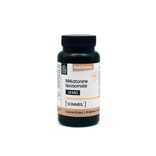Complément alimentaite Nat Form Nutraceutique Melatonine Liposoma favorise un endormissement plus  rapide. 