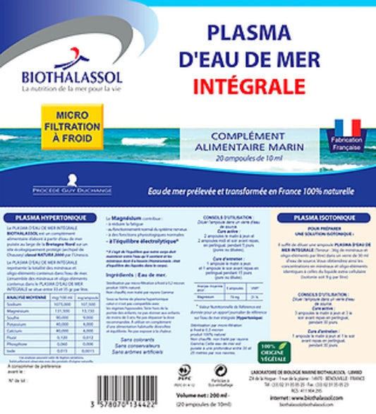 Biothalassol plasma d'eau de mer intégrale Duchange 20 ampoules 10ml - Beauty Care  Store